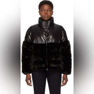 MONCLER BLACK "LOGO-DEC" FAUX-FUR GOOSE DOWN PUFFER WINTER JACKET 0 OVERSIZED